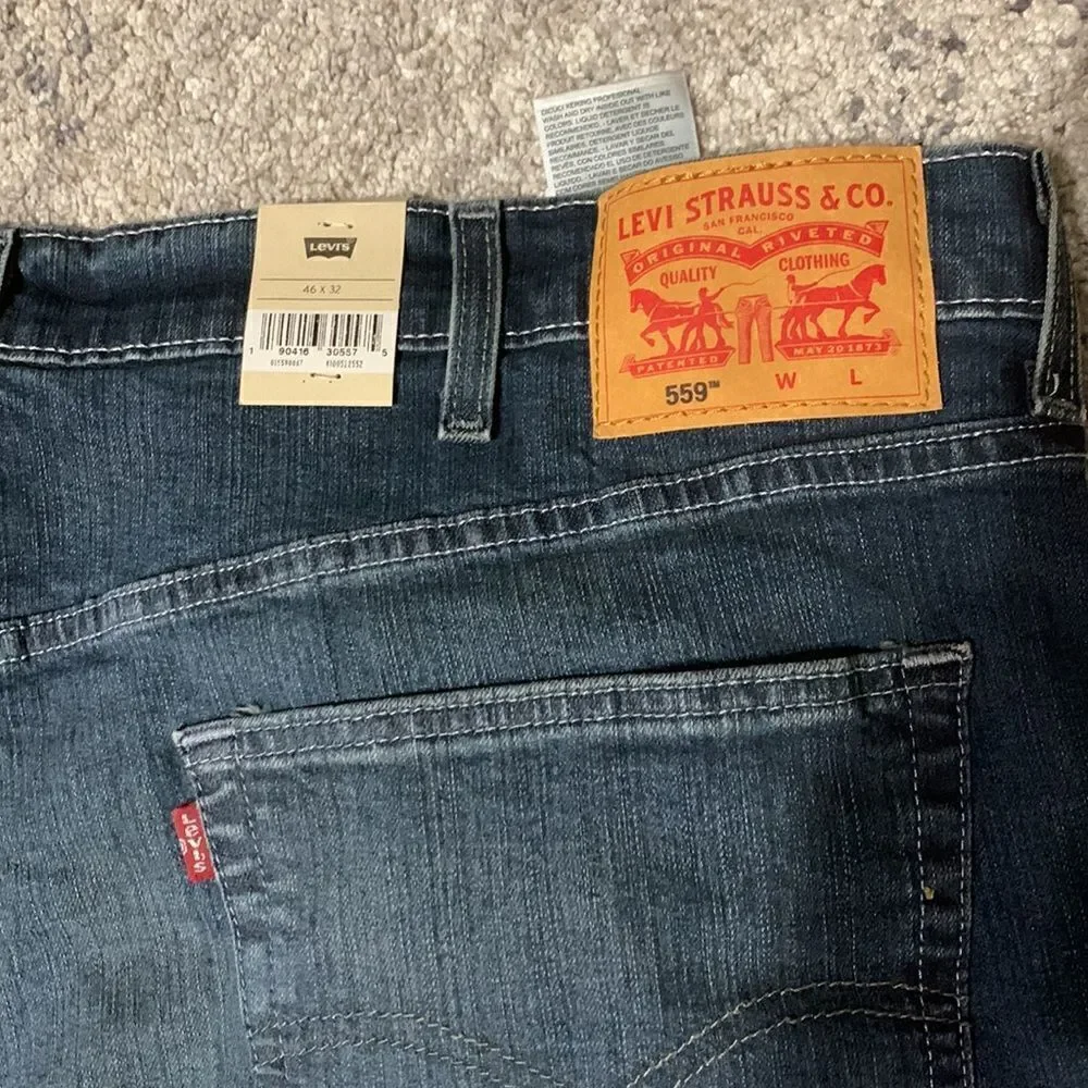 New. 46 x 32 Levi’s 559 Big & Tall relaxed straight stretch jeans.  Normally $89